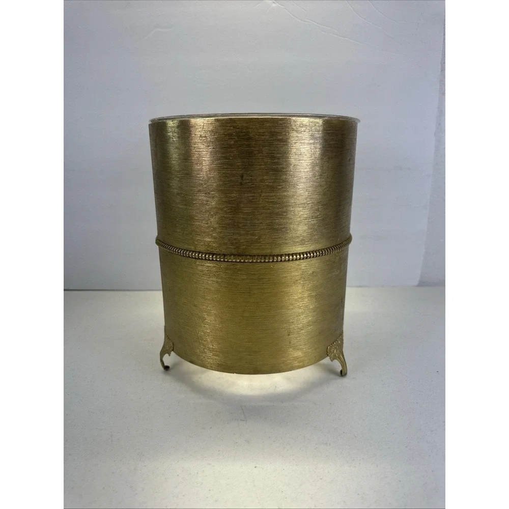 Vintage Hollywood Regency Gold Tone Metal Wastebasket W/ Acrylic Liner Footed